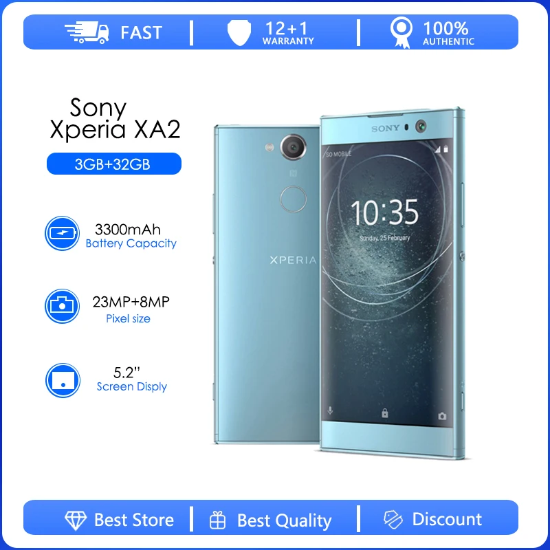 Оригинальный разблокированный телефон Sony Xperia XA2 H3113, Восстановленный, на базе Android, Восьмиядерный, сотовый телефон 5,2 дюйма, 3 Гб ОЗУ 32 Гб ПЗУ, 23 МП, 4G смартфон