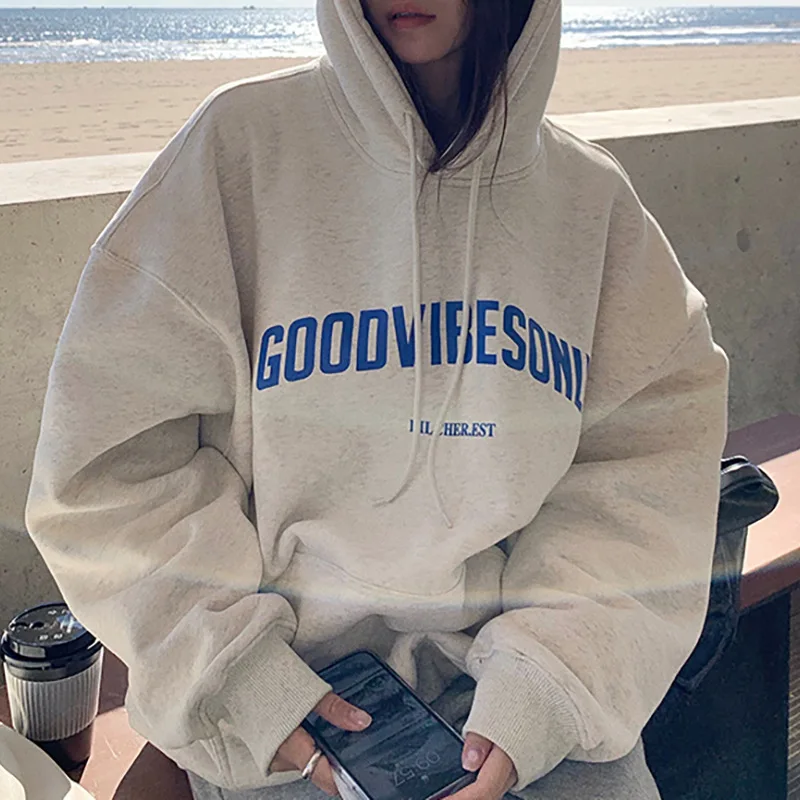 Letter Print Hoodies Women Vintage Winter Autumn Loose Hooded Shirt Grunge Street Sweatshirt Y2k Clothes Warm Oversize Pullovers new fashion women s streetwear short dress round neck girls winter warm hoodies high street trend retro oversize korean style