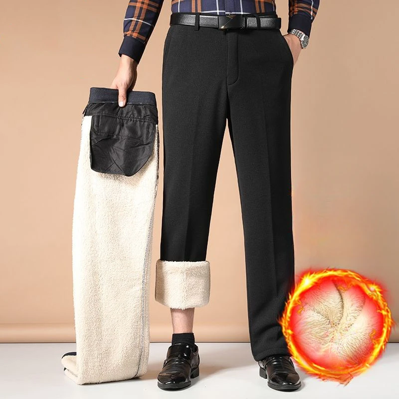 29-42 Men Winter Thick Business Casual Suit Pants Warm Fleece Solid Casual Straight Trousers Elastic Slim Fit Formal Dress Pants 1