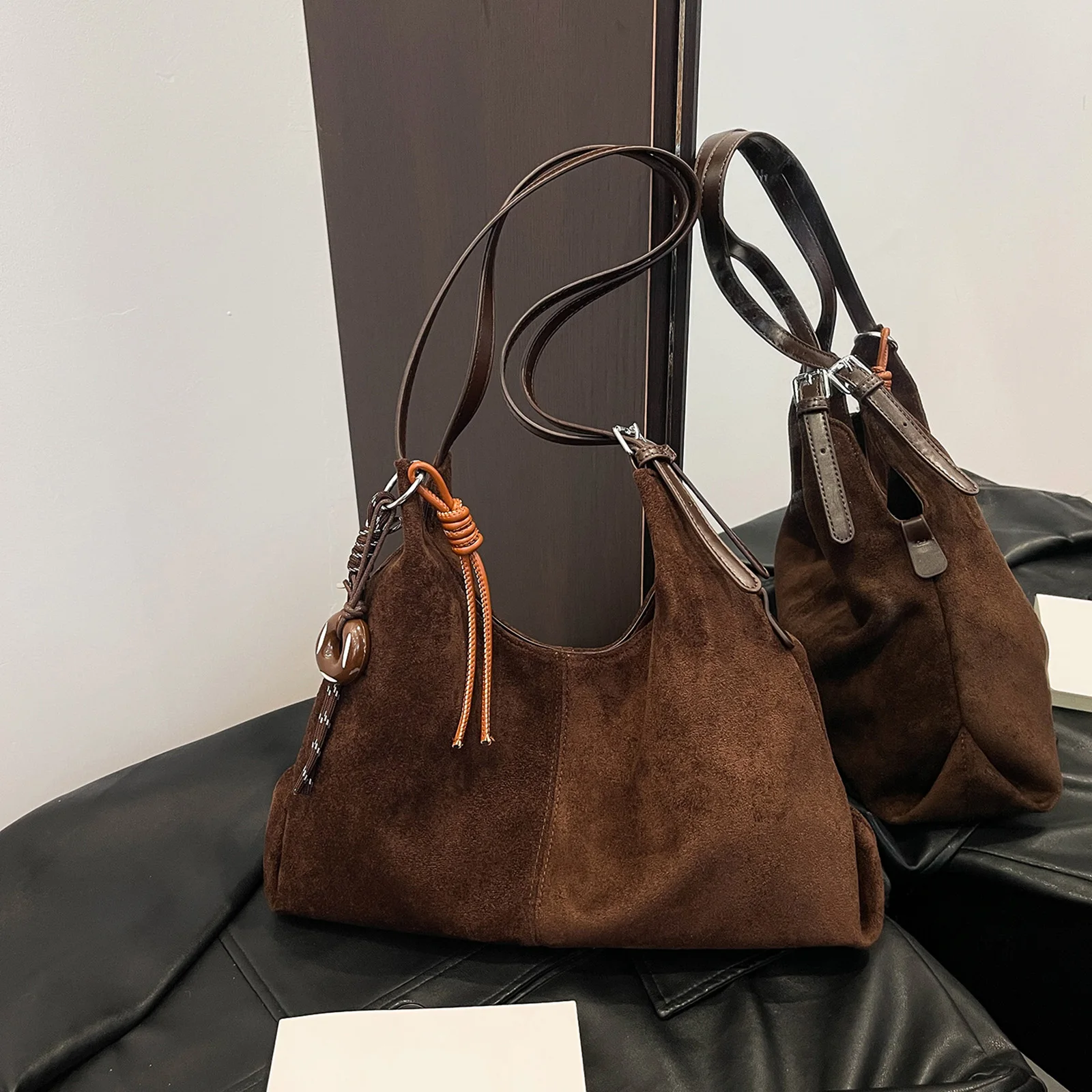 Faux Suede Trendy Underarm Bag Large Capacity Casual Armpit Bag Leisure Tote Handbag Travel Date Work Shoulder Bag