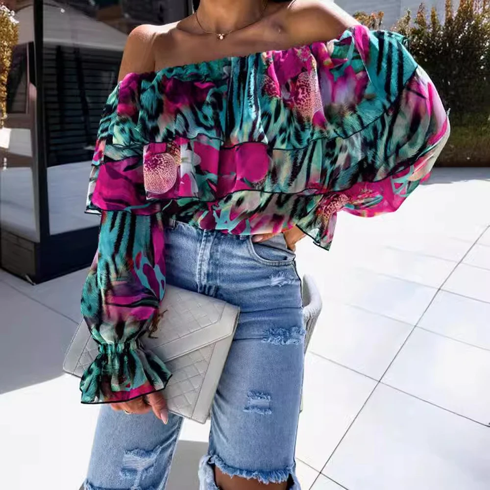 Women Chiffon Off Shoulder Ruffle Blouse