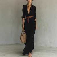 2025 New Autumn Woman Sexy Deep V Neck Hollow Long Dress Elegant Solid Belted Irregular Party Long Sleeve Slim Casual Dresses - Image 5