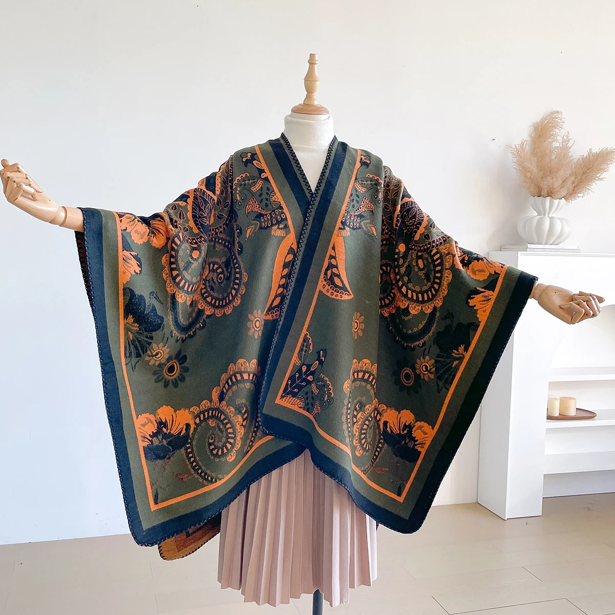 Brand Fashion Women's Winter Cashmere Wrap - Floral Oil Painting Printed Pashmina Thick Shawl, Scarf & Poncho