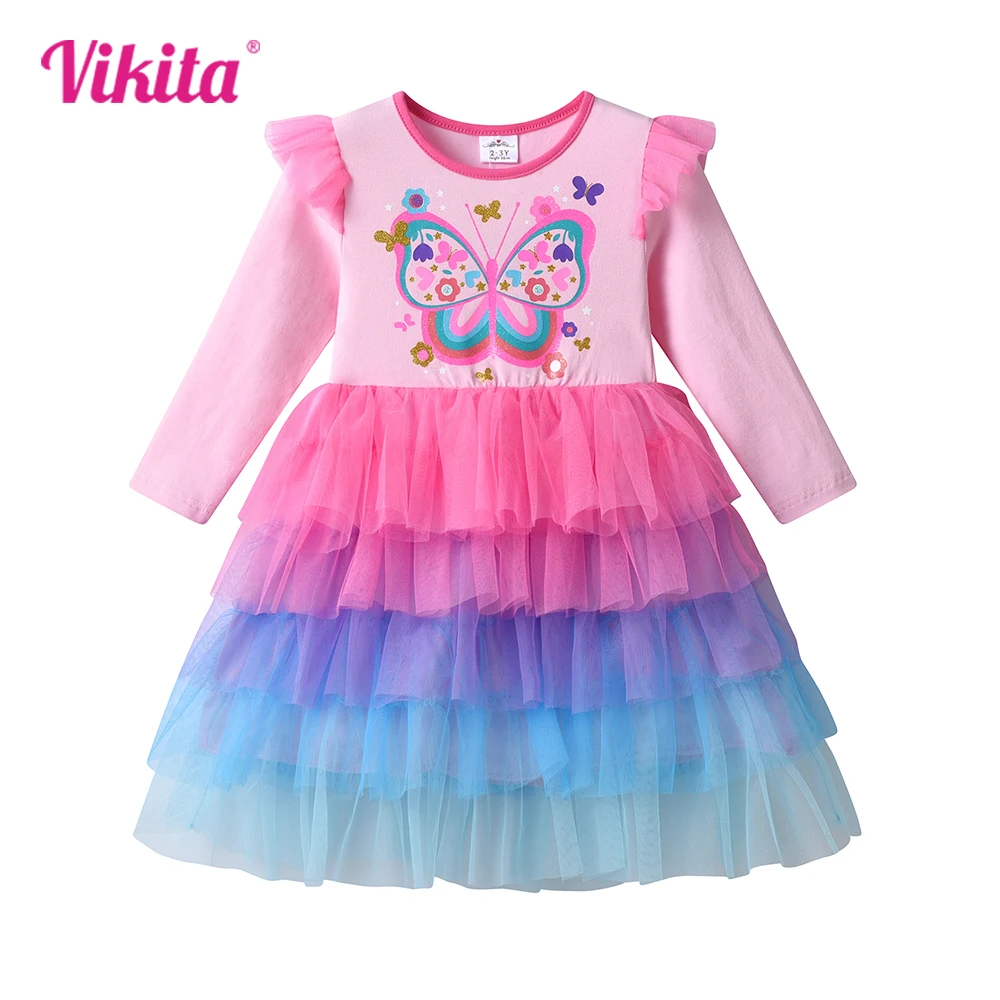 VIKITA Girls Butterfly Princess Party Tutu Dress Kids Long Sleeve Autumn Spring Layered Mesh Colorful Dresses