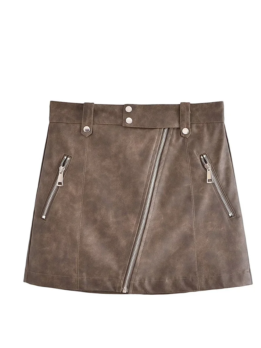 

Fashion PU Leather Zipper Design Female Mini Skirts High Waist Buttons A Line Ladies Faldas Streetwear Vintage Women Skirt 2023