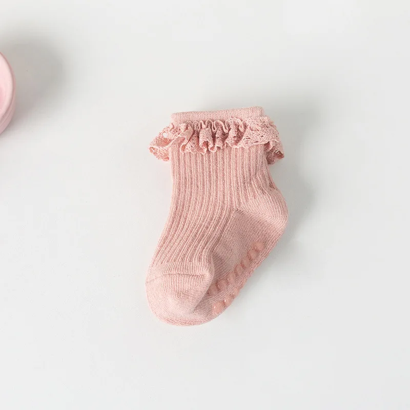 2025 New Baby Girl Sweet Lace Socks Anti Slip Adhesive Point Solid Color Cotton Infant Girls Sock Breathable Kids Girls Floor