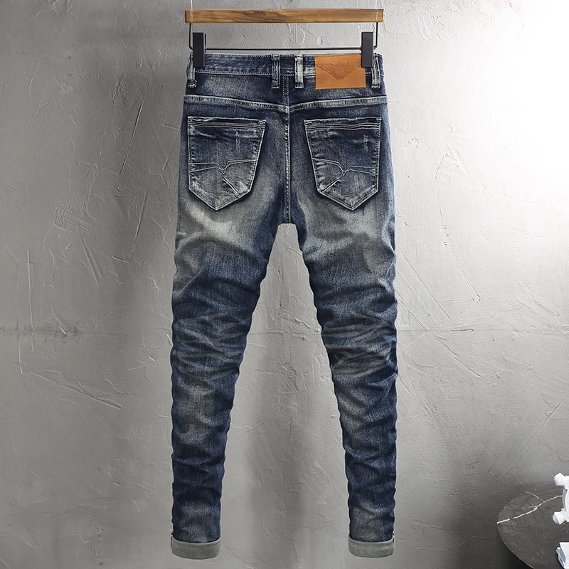 Newly Designer Men Jeans High Quality Retro Washed Blue Elastic Slim Fit Ripped Jeans Men Cotton Trousers Vintage Denim Pants