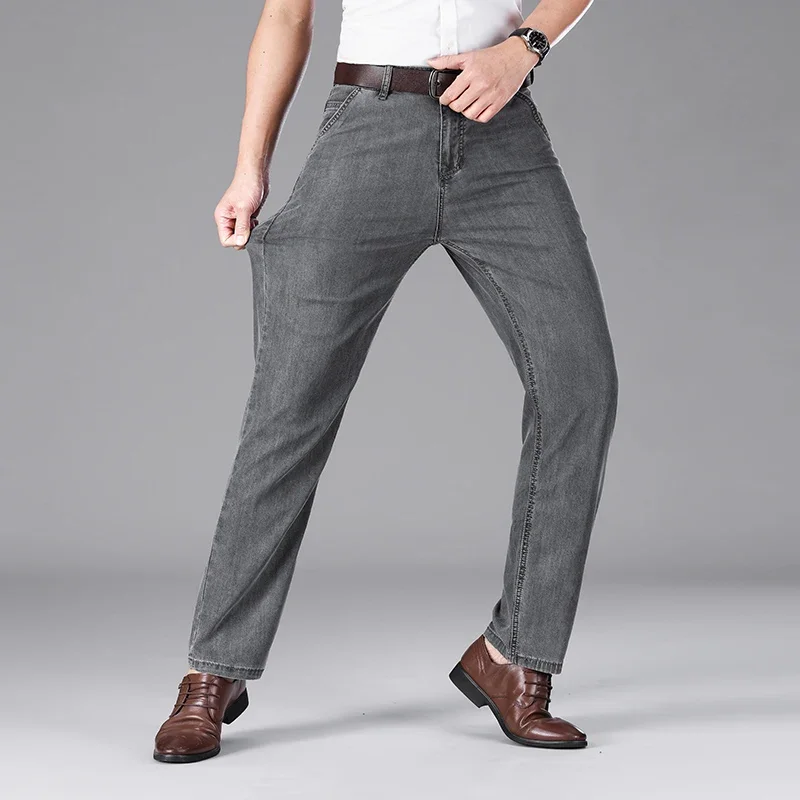 Summer New Men's Thin Light Blue Straight Jeans Business Fashion Lyocell Fabric Stretch Luxury Denim Pants Male Brand Trousers