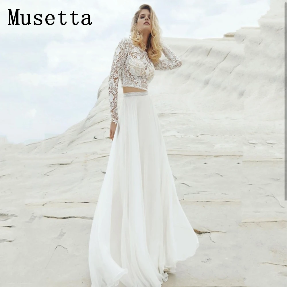 

Boho Full Sleeve Wedding Dress Two Pieces Chiffon Sweep Train Bridal Gown Sexy Lace Applique Out-Fit Women Custom Birde Dress