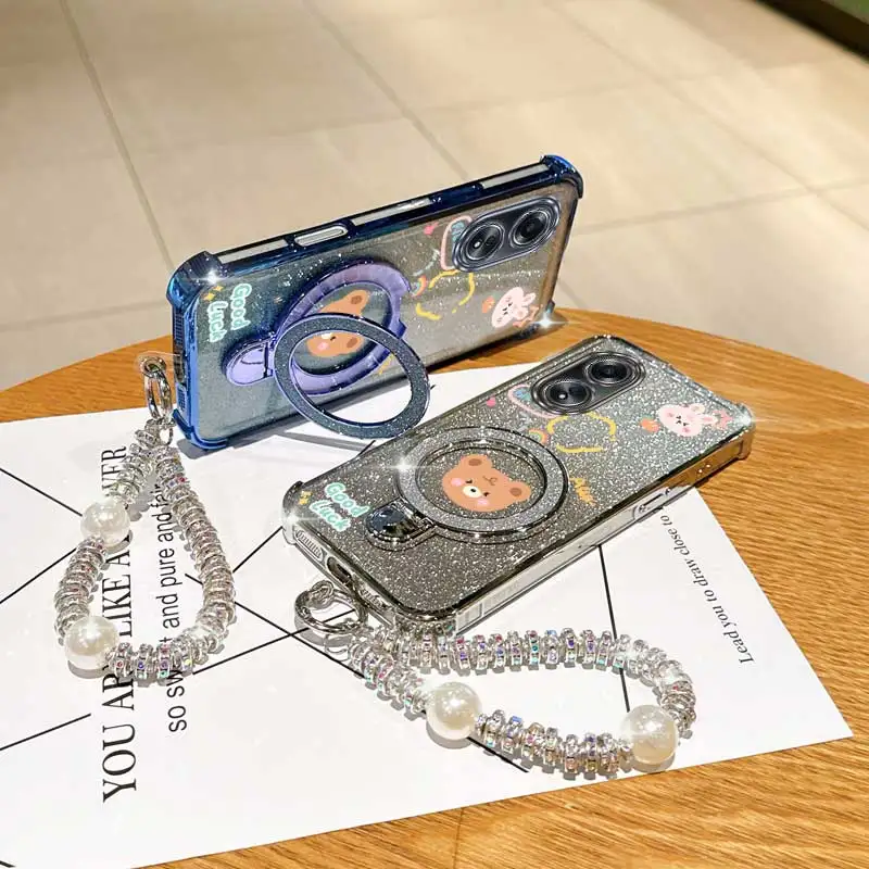 Pearl Strap Glitter Cute Bear Phone Holder Case