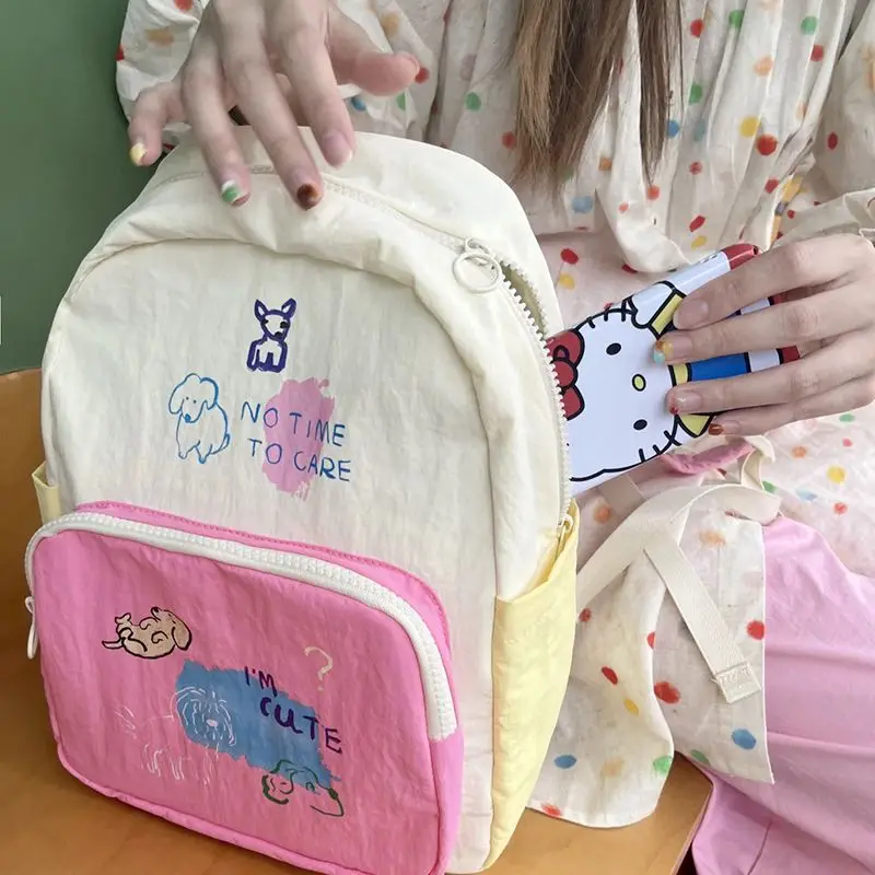 Contrast Color Patchwork Doodle Backpack Casual Big Capacity Schoolbag Handbag Student Leisure Travel Backpack