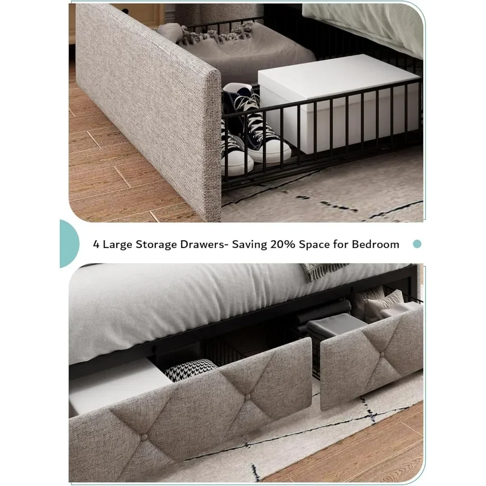 King Bed Frame with 4 Storage Drawers with Charging Station, Modern Wingback Storage Headboard, Platform Bed Frame 4