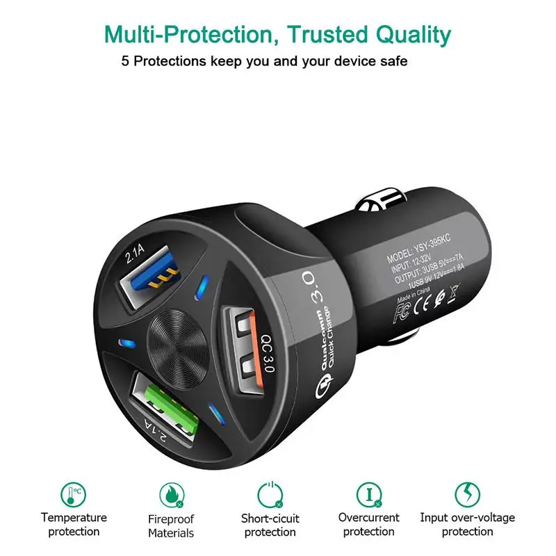 

3 Ports USB Car Fast Charger DC 12-24V Multi-port 2x2.1A+QC3.0 Lighting Display Charging Socket Cigarette Lighter Chargers