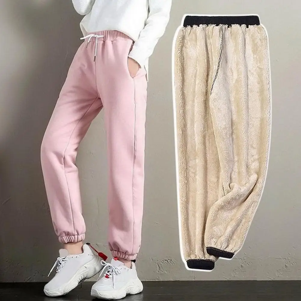 

Women Winter Fall Sweatpants Drawstring Elastic Waist Thick Plush Warm Cold Resistant Pockets Solid Color Ankle-banded Cozy Soft