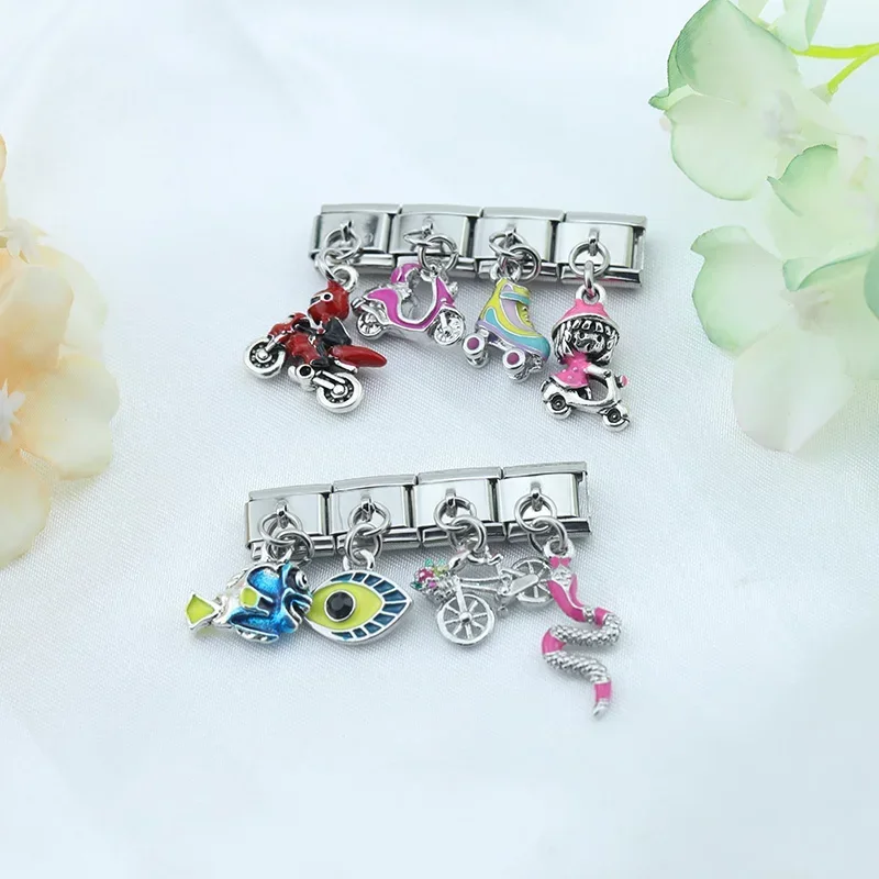 Glaze Snake Fish Eye Motorcycle Charm Italian Link Fit DIY 9mm Stainless Steel Bracelet Charm Bracelet
