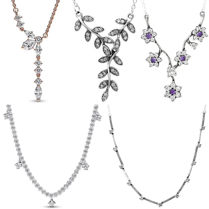 

925 Sterling Silver Sparkling Leaves Forget-me-not Blooms Herbarium Cluster Drop Collier Necklace For Popular Bead Charm Jewelry