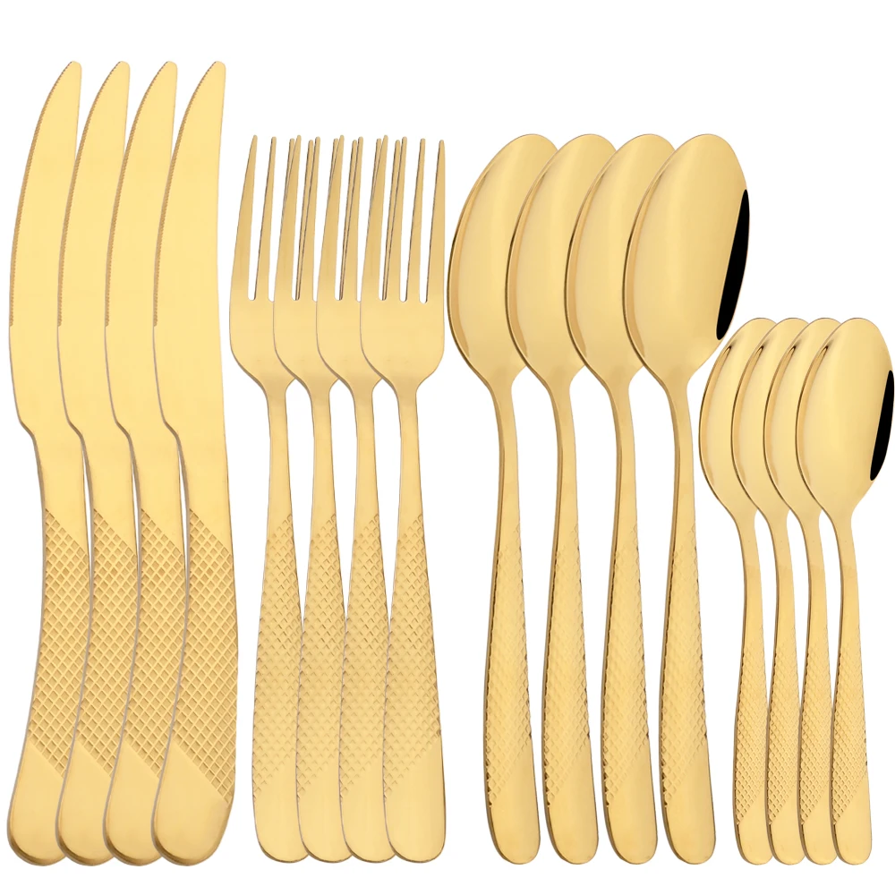 

Drmfiy 16Pcs Stainless Steel Cutlery Set Gold Dinnerware Set Western Silverware Fork Spoon Knife Dinner Complete Tableware Set