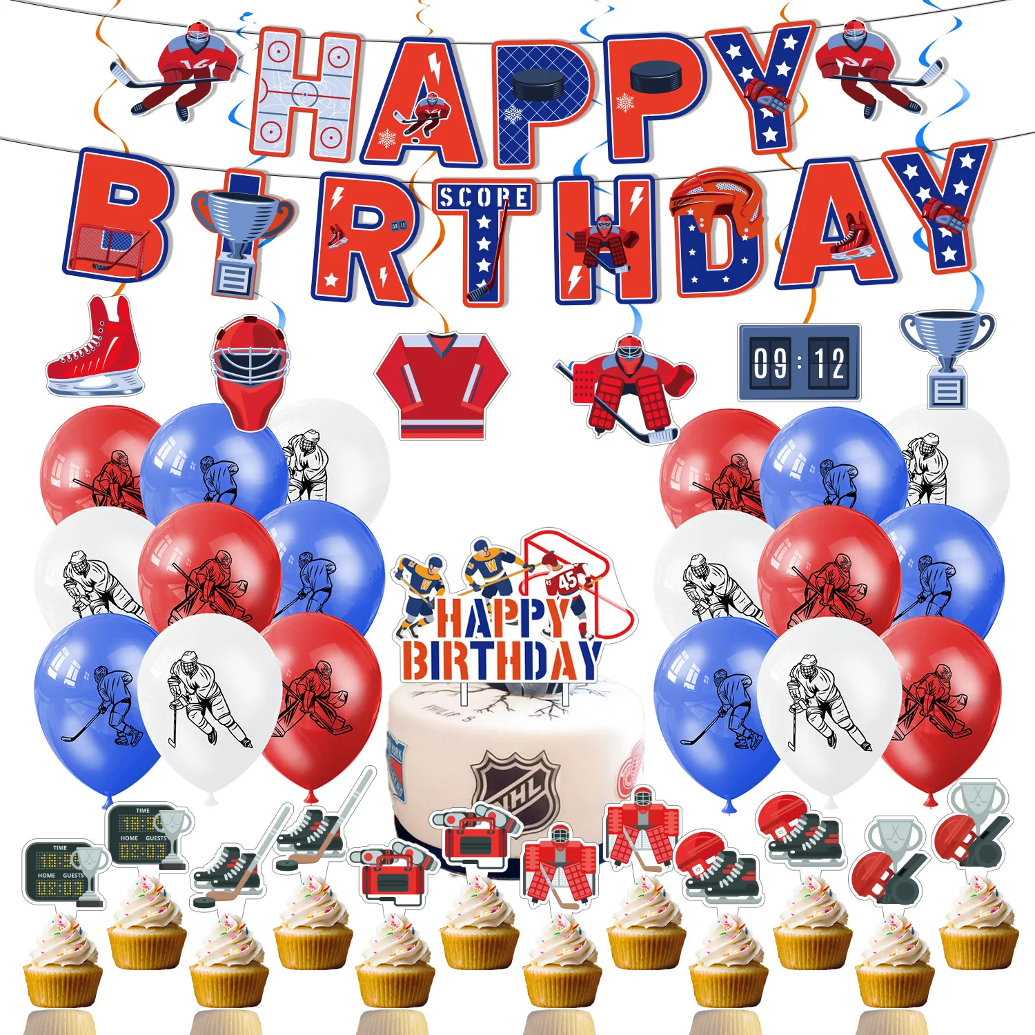 HockeyThemedBirthdayPartyDecorationsBalloonsSetHappyBirthdayBannerCakeTopperSports