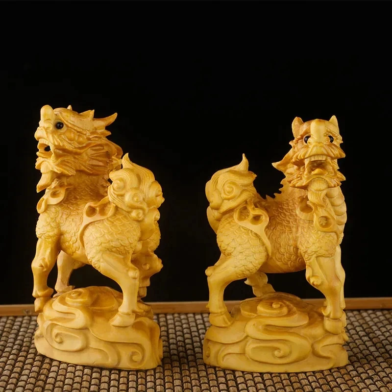 

10*5.8*4.5 CM Carved Boxwood Figurine Carving : Foo Dog Lion Pair