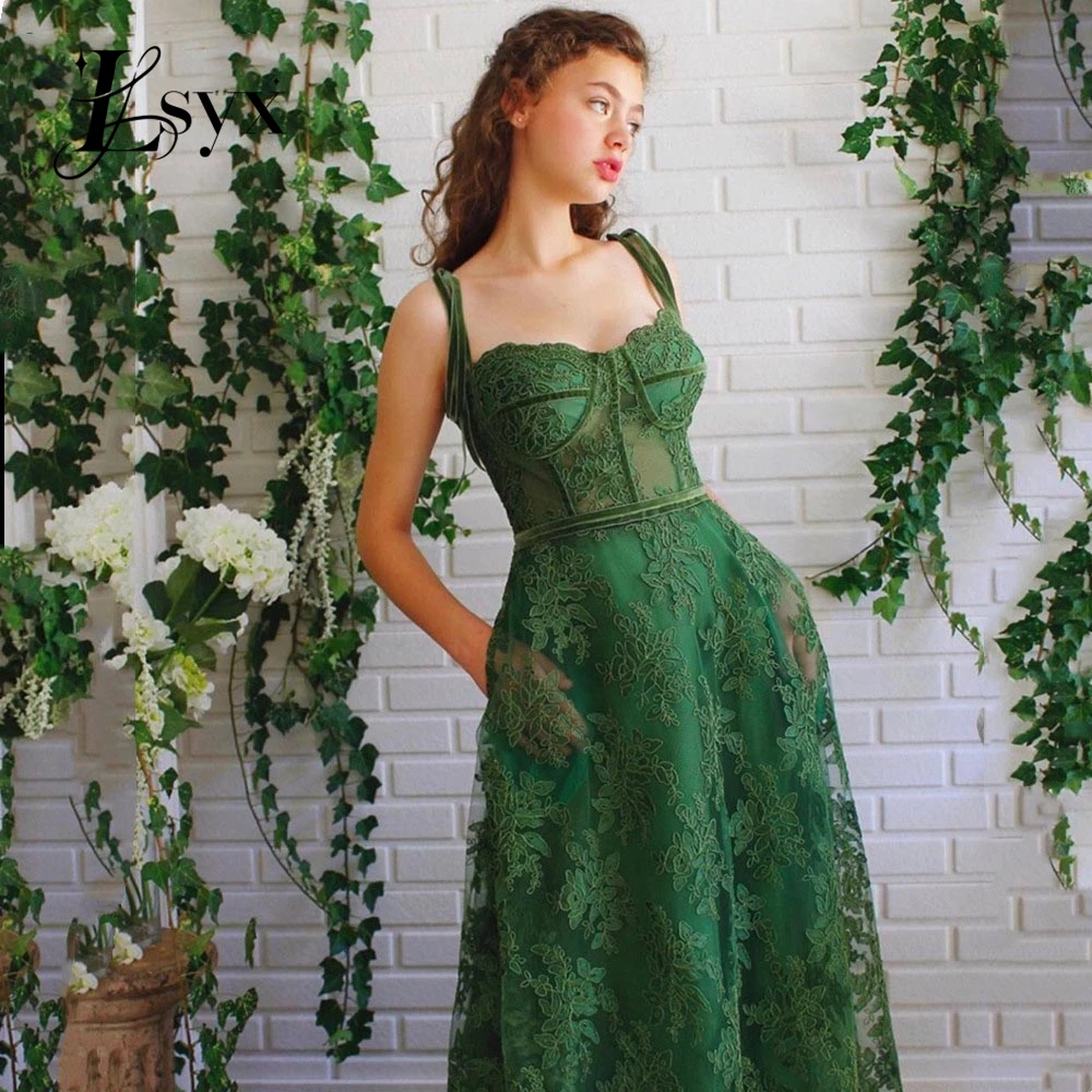 

LSYX Dark Green Evening Dress Luxury Prom Dress 2023 With Pocket Vintage Lace Embroid Party Dress Elegant A-line Prom Gown