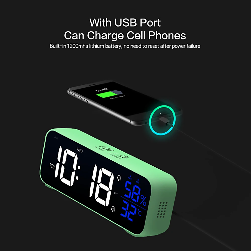 Music LED Digital Alarm Clock Voice Control Temperature Humidity Display Desktop Clocks Home Table Decoration Built-in 1200mAh 5
