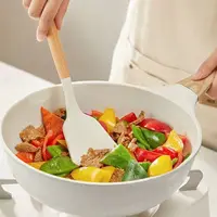 Manche en bois, poêle antiadhésive blanche, spatule en silicone, spatule de poêle résistante aux hautes températures, cuillère à soupe, ensemble d'ustensiles de cuisine 2