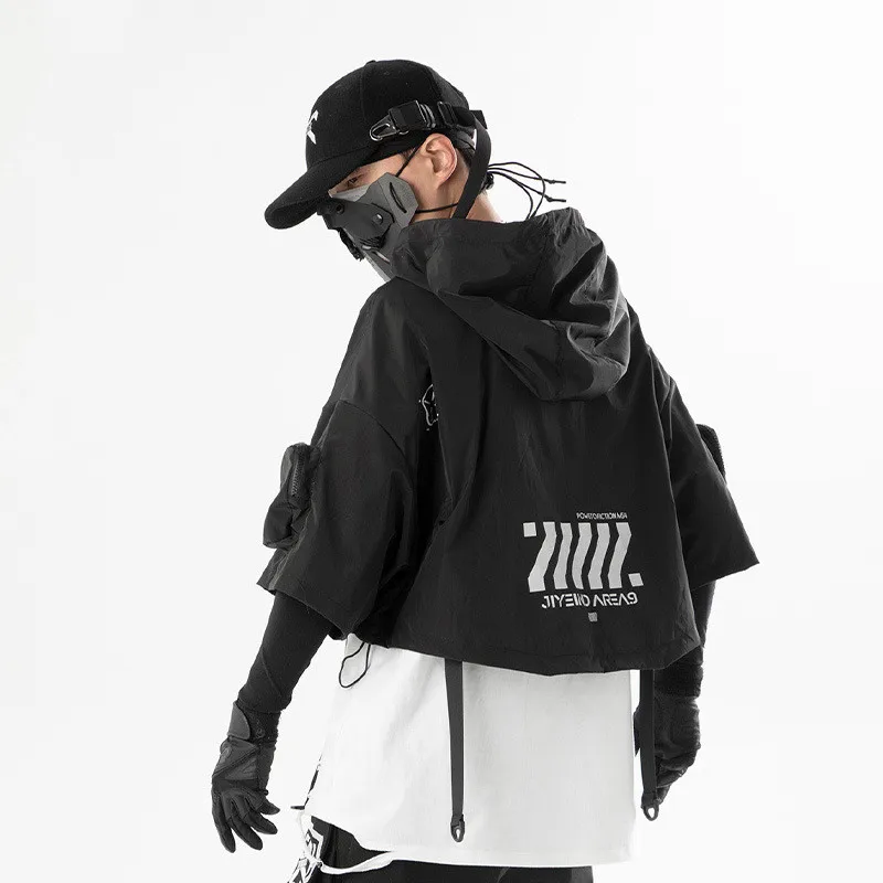 2024 Hip Hop Punk Techwear Short Jacket Hooded Cloak Men Women Multi Pockets Functional Pullover Jacket Street Casual Coat 6