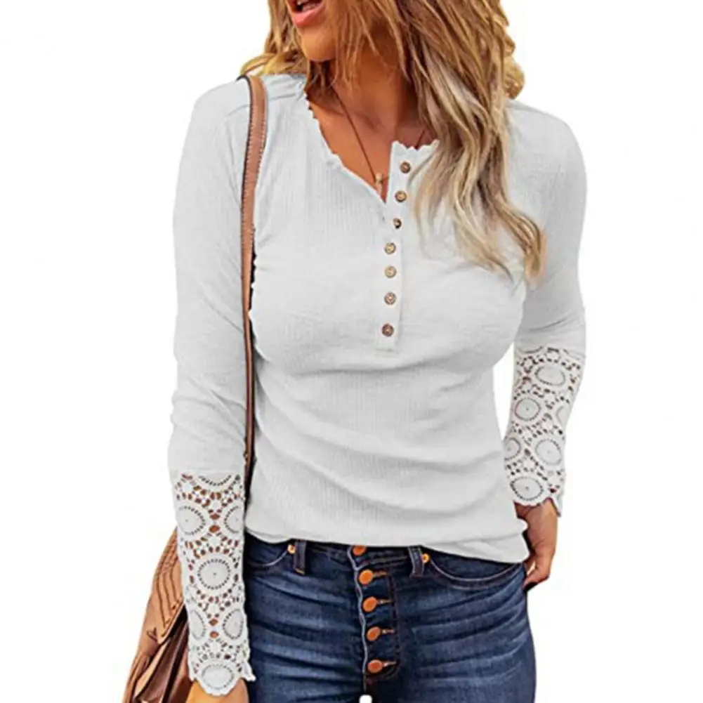 

Spring Fall Blouse Women Solid Color Top Chic Lace Patchwork Buttoned Lady T-shirt Elegant Spring/fall Hollow Lace Top with Slim
