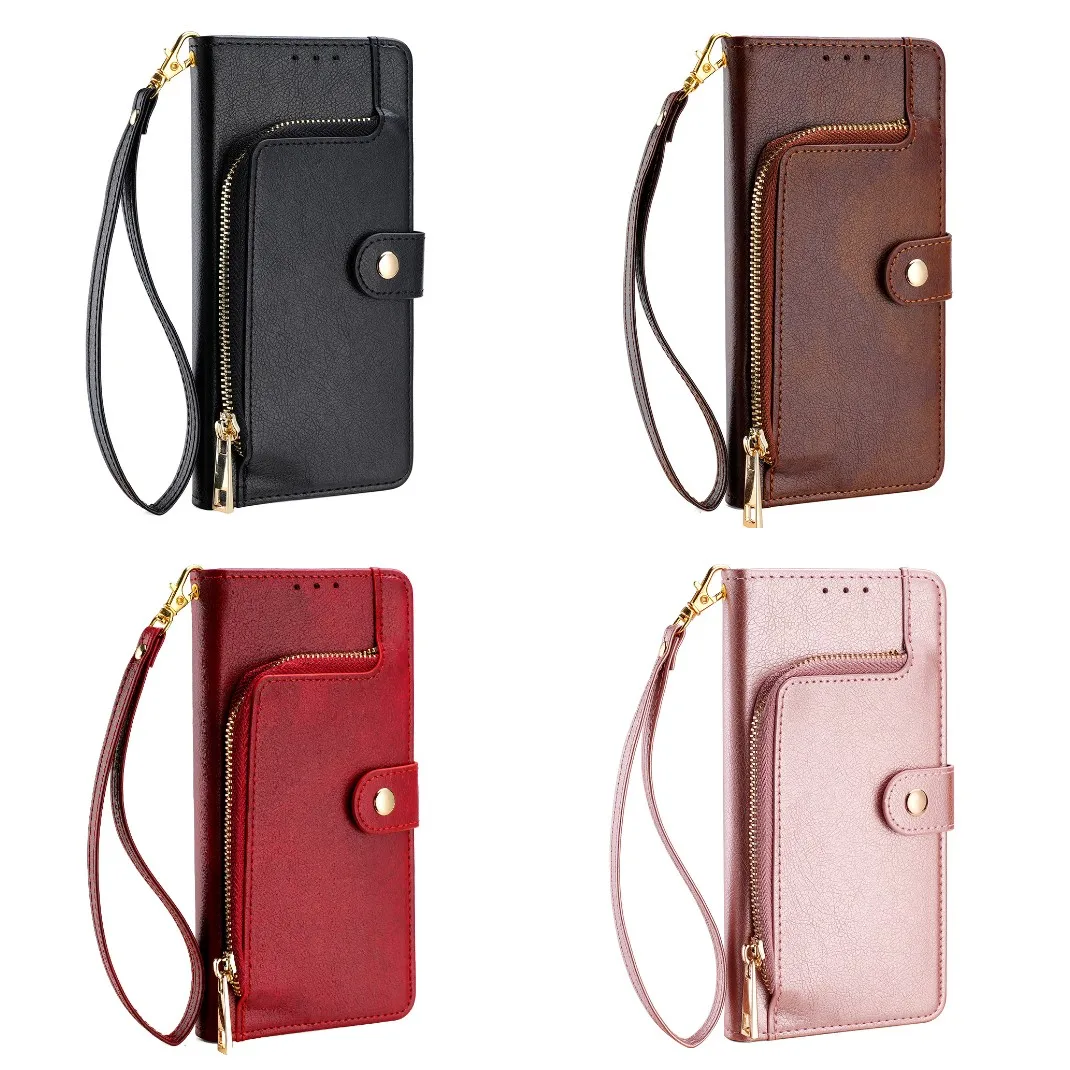 Elegant Leather Zipper Wallet Phone Case with Card Holder & Wrist Strap