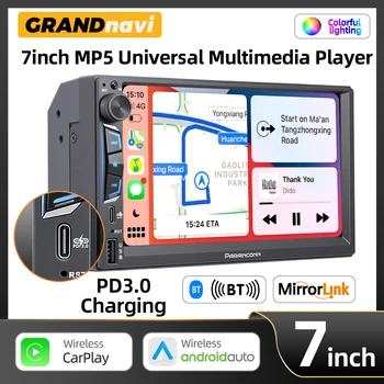 Radio de Coche 2DIN de 7 Pulgadas, Reproductor MP5, CarPlay Inalámbrico, Android Auto, Mirrorlink, Pantalla Táctil, Bluetooth, FM Estéreo, Carga Rápida PD3.0 1