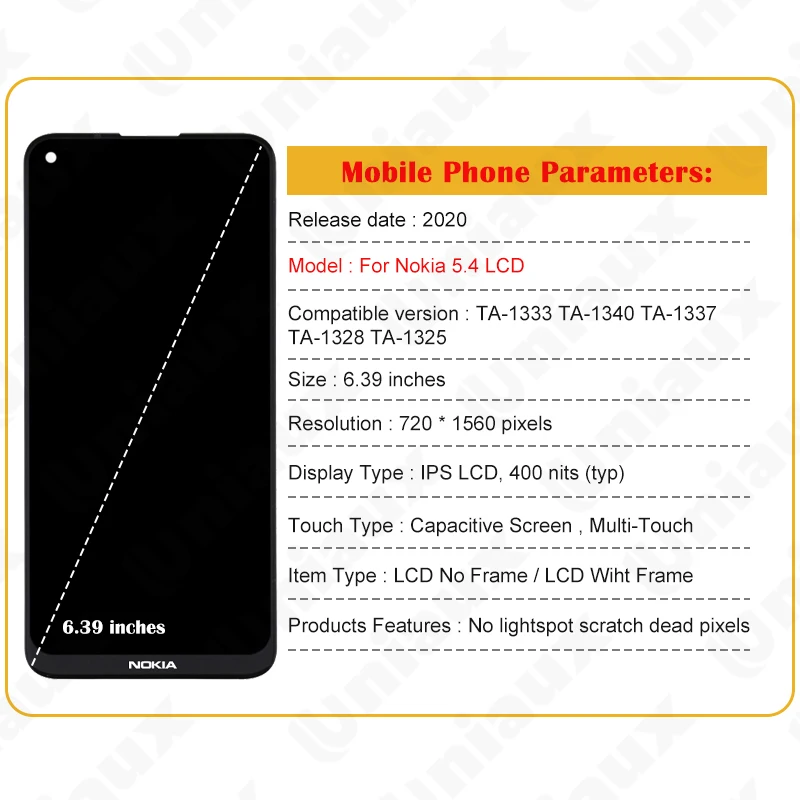Visor Lcd Original para Nokia 5.4 Tela Sensível ao Toque Montagem Digitalizador com Moldura Peças de Reparo Ta1328 Ta-1325 Ta-1340 639 - Image 5