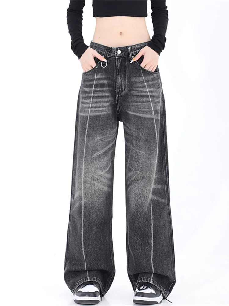 

Casual Chic Women Print Jean Trousers High Waist Pockets Loose Female Wide Leg Denim Pants Ladies All-Match Floor-Length Pants