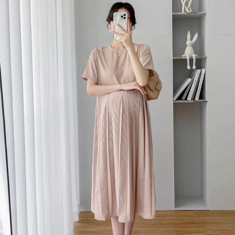 Korean Style Pregnant Women Long Dress Short Sleeve O-Neck Solid