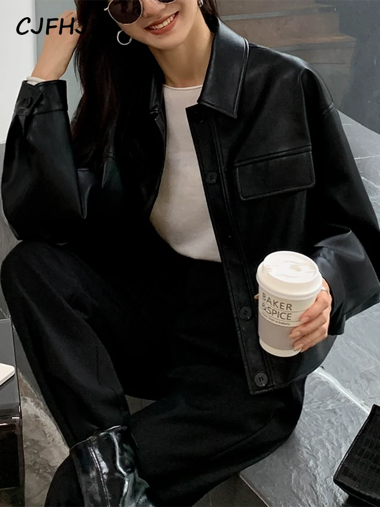 CJFHJE Black Cropped Leather Jacket Women Korean High Street Leather Blazers Women Vintage Streetwear Moto Bike Jacket Autumn