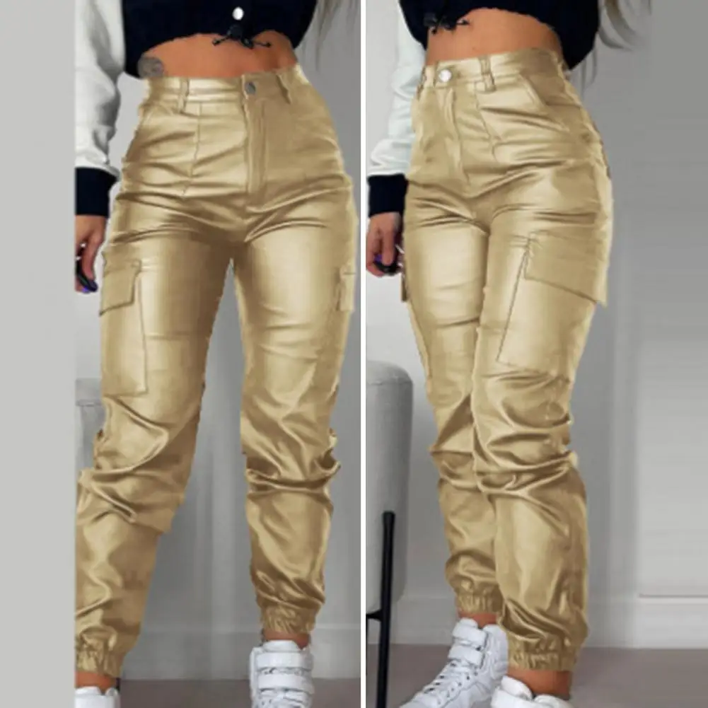 

Women Pants Smooth Breathable High Elastic Waist Flattering Hips Pants Zipper Button Closure Slim Fit Motorcycle Trousers Female