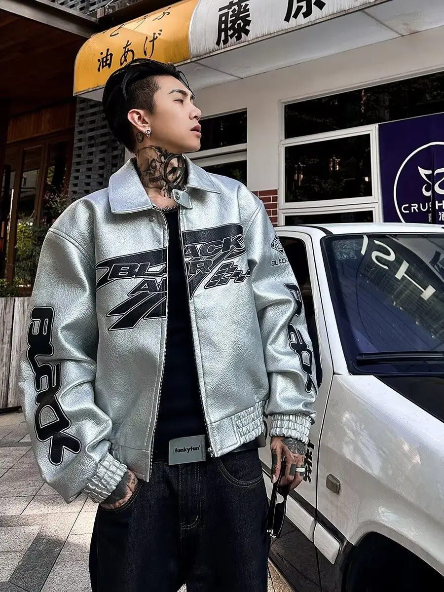 Autumn Winter Punk Coat Embroidery Motorcycle Suit PU Leather Jacket Men's High Street Retro Niche Silhouette Heavyweight Jacket 3
