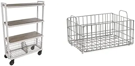 

4 Tier Cart-Wide Mobile Storage, Interchange Shelves and Baskets, Powder-Coated Steel Frame PN in White & Modular Cart Syste Bas