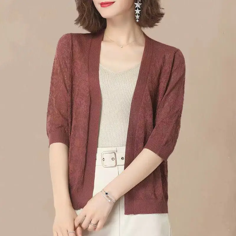 

Новинка 2023, Модный повседневный однотонный тонкий вязаный кардиган из вискозы, Женская однотонная блузка, маленькая летняя тонкая женская одежда с V-образным вырезом P202