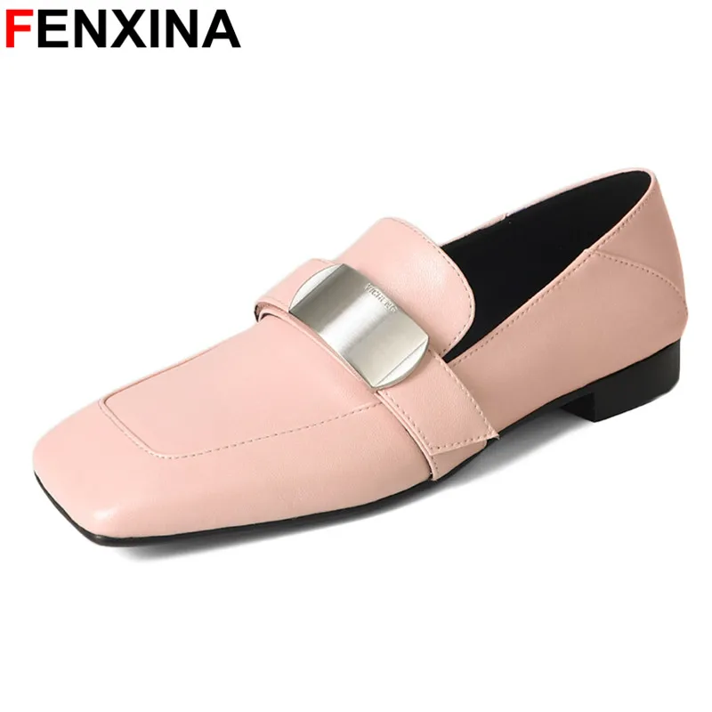 

FENXINA 2024 New Genuine Leather Flat Shoes Women Slip On Square Toe Spring Summer Ladies Office Dress Shoes Pink Black