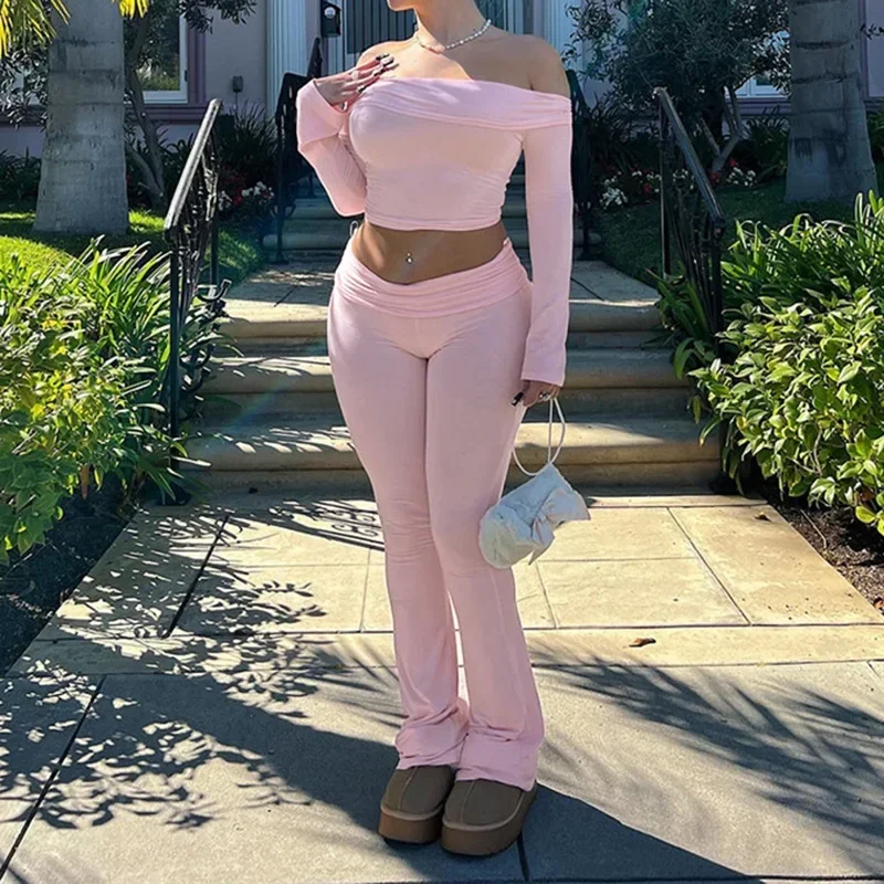 Women Elegant Solid Y2K Flare Pant  Low Waisted Slim Fit Streetwear Pink Casual Full Length Chic Skinny Pants Female Clothes