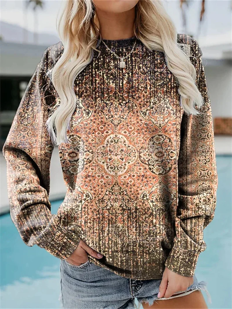 Fashion Flower Print Round Neck Pullover Sweatshirt Female Autumn Comfortable Casual Long Sleeve Hoodie Women's Loose Outerwear