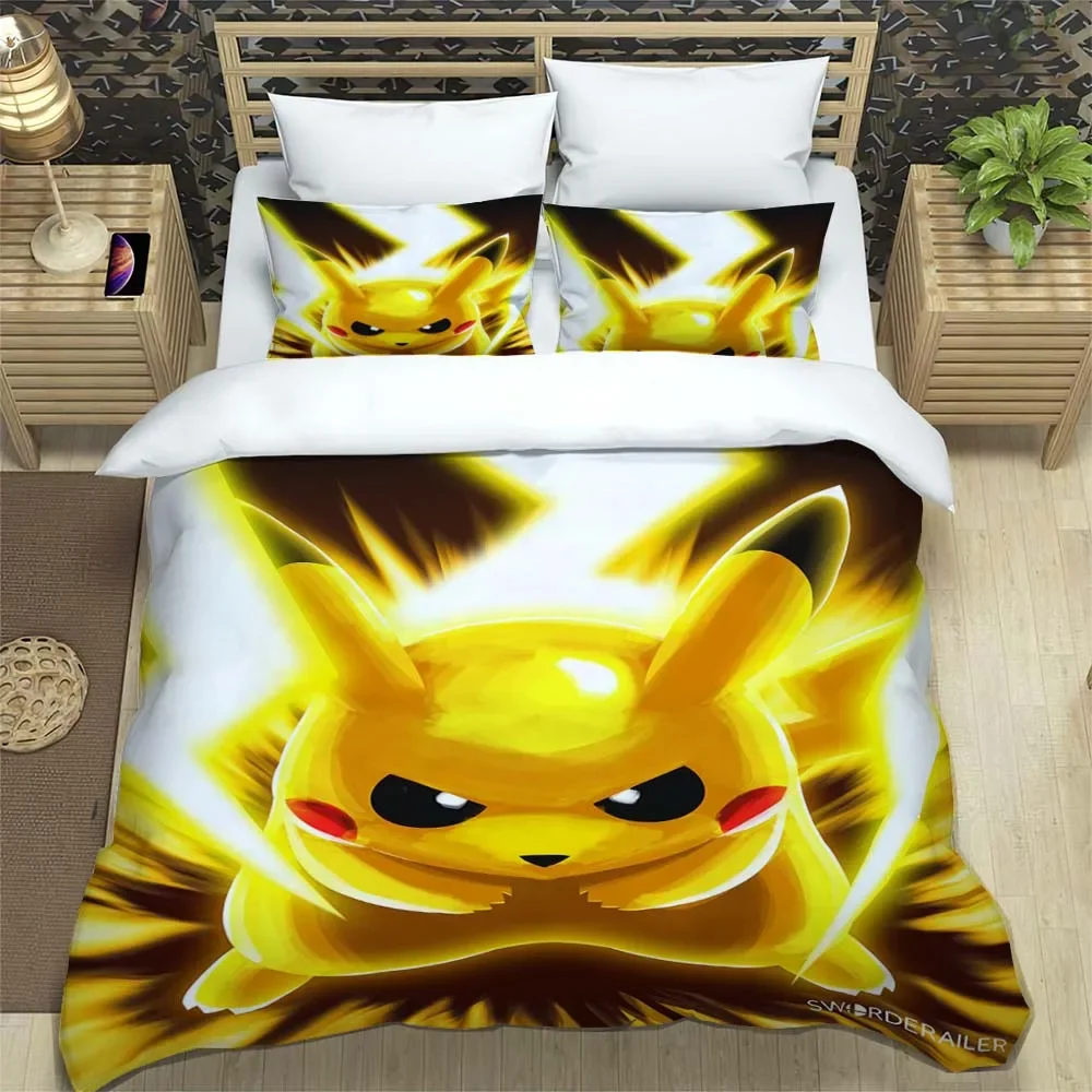 thumbnail image 1 of Funda de edredón con estampado de Pokémon de anime japonés y fundas de almohada, juego de cama con impresión digital 3D de microfibra, tamaño doble, tamaño Queen y King, 1 of 5