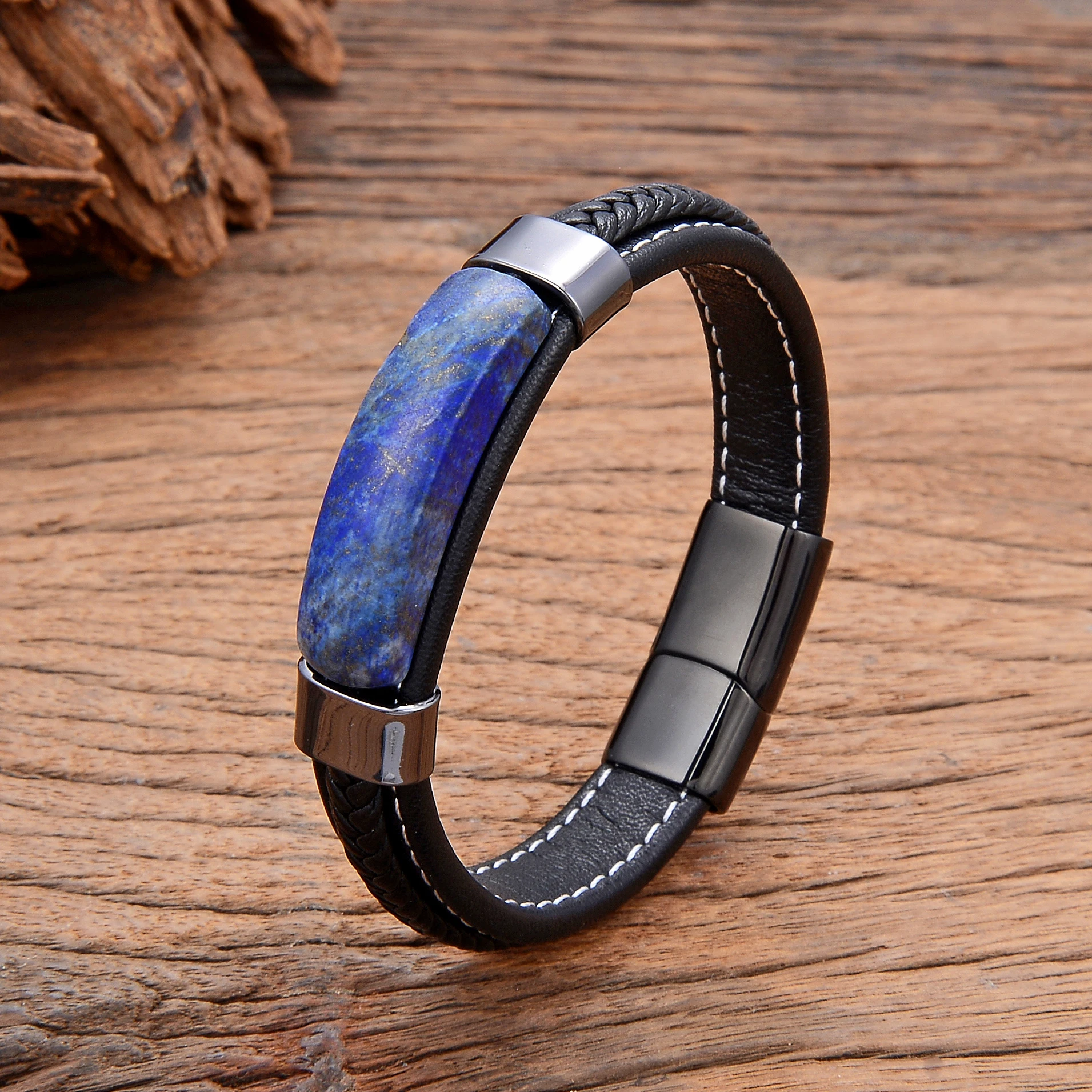Men's Leather & Stone Beaded Bracelet With Magnetic Clasp - Tiger Eye Lava Rock