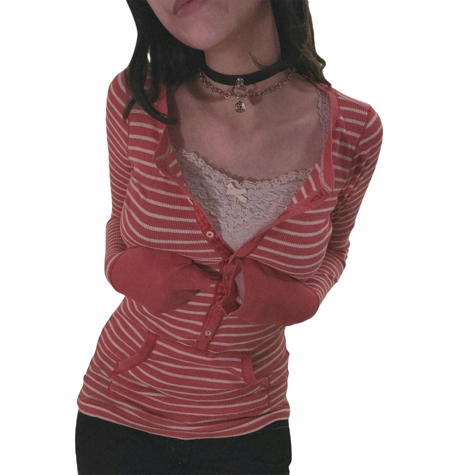 ตัวเลือกสินค้า เสื้อแขนยาว Y2K ลายถัก แฟชั่น Gothic Grunge สำหรับสาวเท่