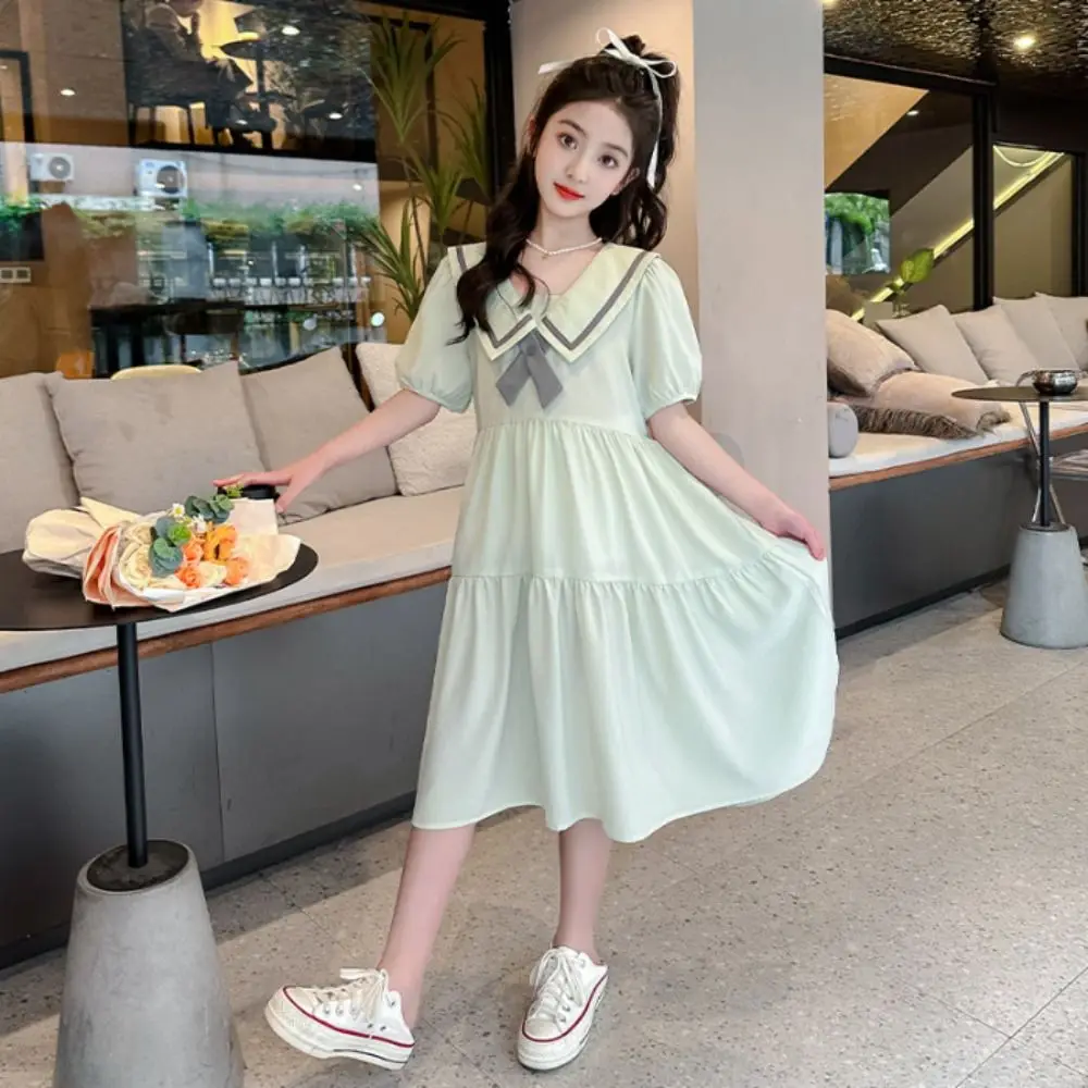 Fashion Bowknot Girl Princess Dress Loose Preppy Style Teenagers Dresses Sweet Puff Short Sleeve Children Bubble Dress Party