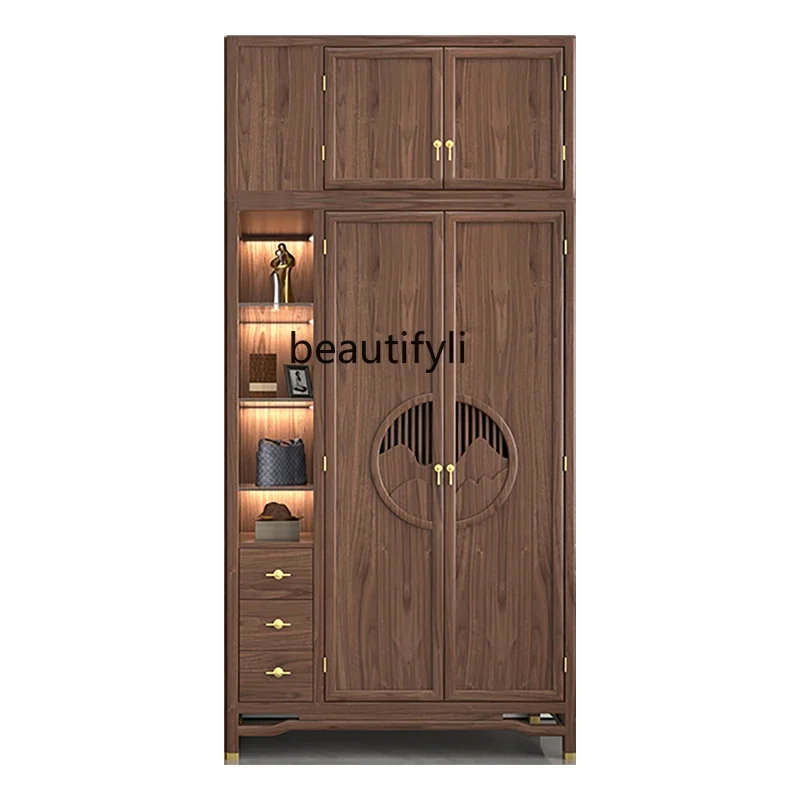 

New Chinese Style Black Walnut Solid Wood Wardrobe Modern Minimalist Bedroom and Household Storage Cabinet Wardrobe Combination