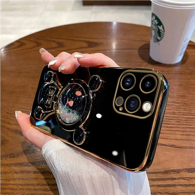 Coque de téléphone avec support de téléphone, miroir de sable mouvant, ours mignon, pour iPhone 14 11 12 13 Pro Mini 8 7 6 6S Plus 10 X Xr Xs Max Se_voghion.com