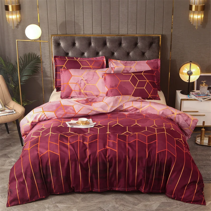 

Wine Red Geometric Marble Pattern Duvet Cover Set and 2 Pillowcase,3-Piece Soft Fluffy Bed Linen Set with Zip,Luxury Bedding Set