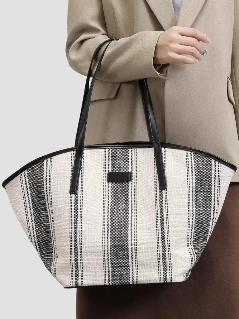 Striped Shoulder Bucket Bags For Women Contrast Color Canvas Fabric Large Capacity Shopper Totes 2024 Autumn New Handbags Female