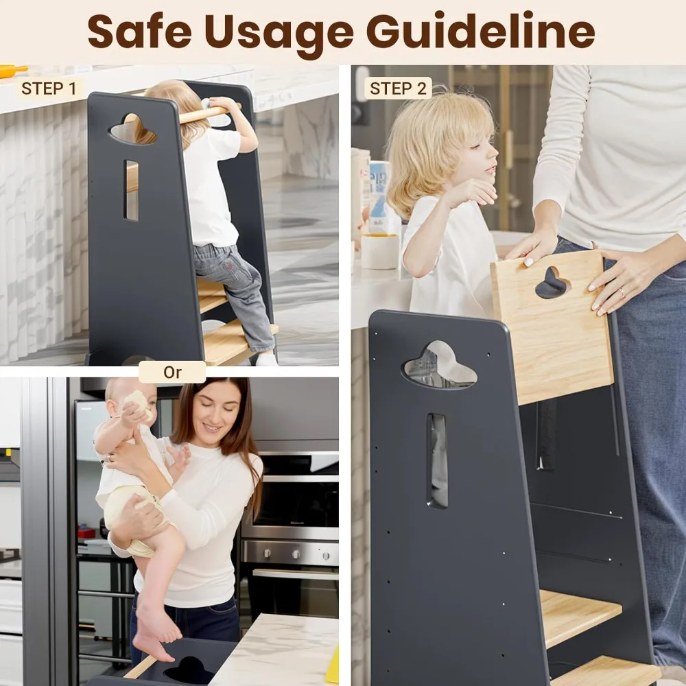 Adjustable Height Toddler Kitchen Tower - Super Stable 3-Level Learning Stool with Safety Panel